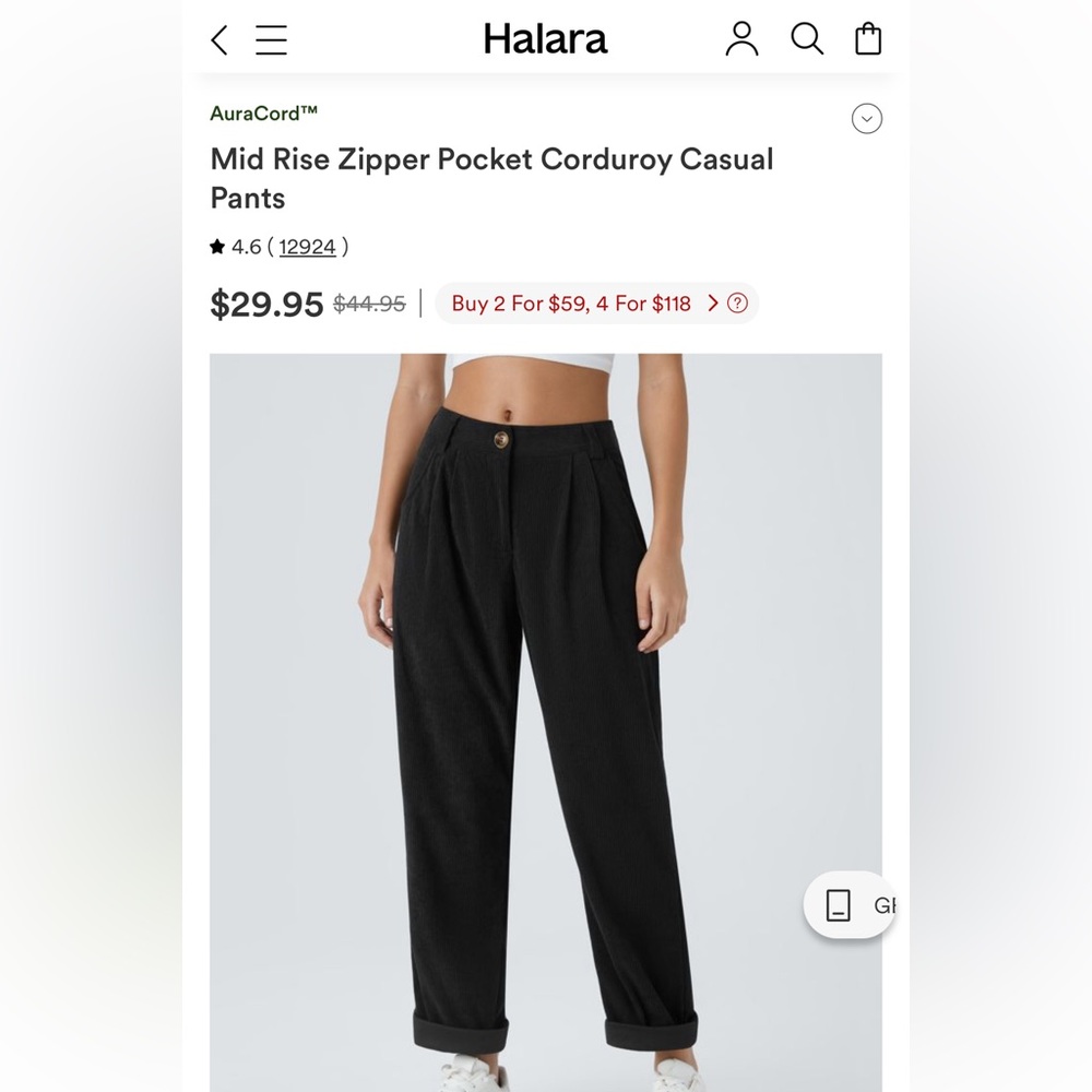Halara Petite Pants Black Mid Rise Zipper Pocket Corduroy Casual Pants MSRP $45